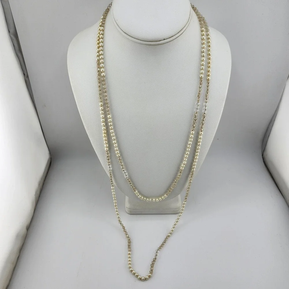 Ann Taylor Faux Pearl Crystal Bead Necklace Costume Jewelry‎ Long Strand